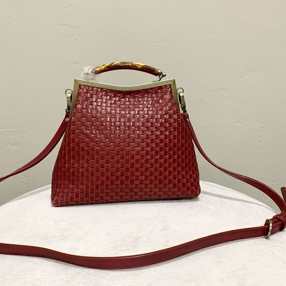 Handmade Genuine Woven Leather Double Kisslock Top Handle Bag & 2 Straps Style